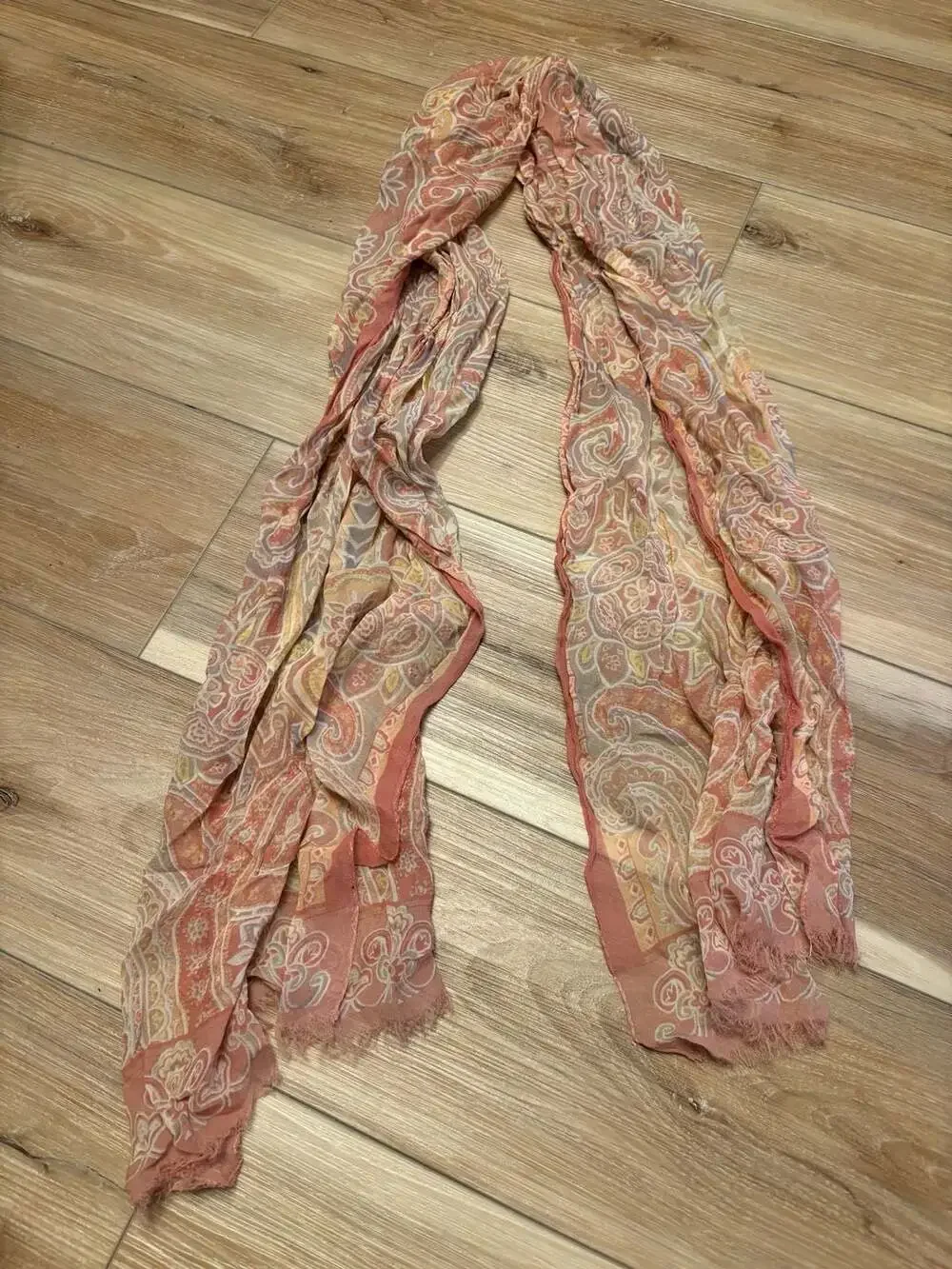 Vintage Paisley Print Lightweight silk Scarf Coral Pink Peach Fringe Edges